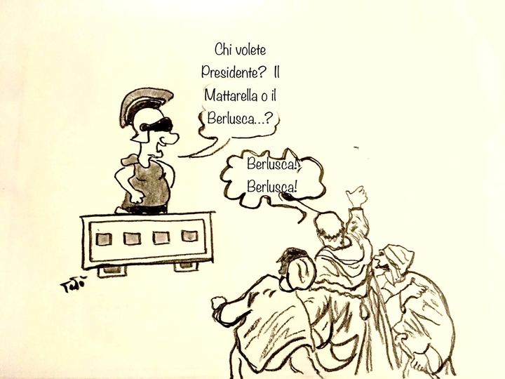 Vignetta: Il Cavaliere Silvio Berlusconi nuovo presidente della Repubblica…? Il manifesto di Forza Italia elenca i meriti fra cui “eroe della libertà”