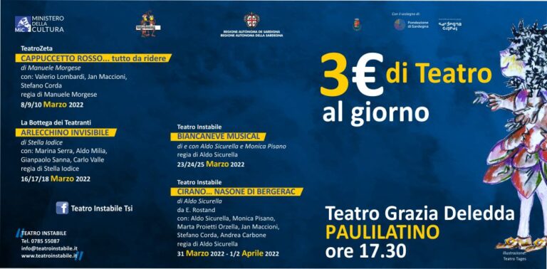 “3€ di Teatro al giorno” inaugura il nuovo anno al Teatro Grazia Deledda di Paulilatino