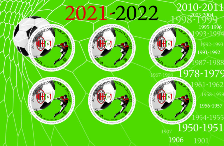 Sei francobolli dedicati alla squadra vincitrice campionato calcio serie A 2021-2022