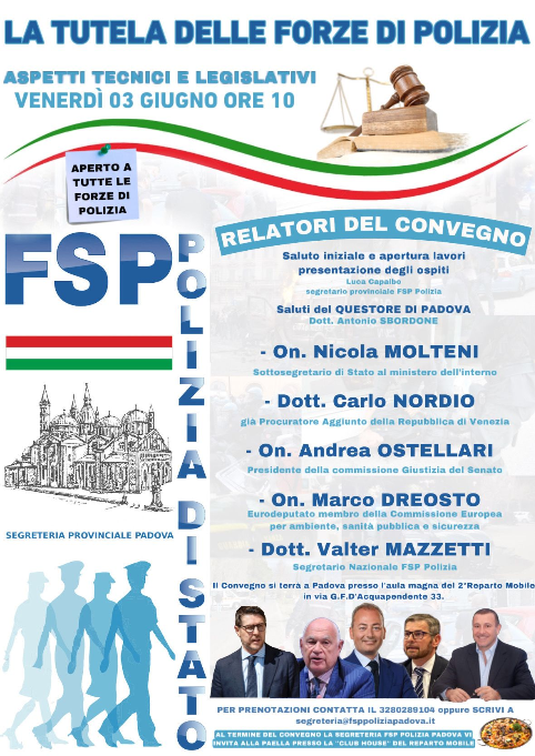 La tutela delle forze di Polizia, domani convegno Fsp a Padova con Molteni