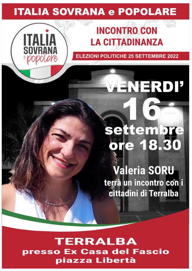 Italia Sovrana e Popolare: Valeria Soru a Terralba il 16 settembre 