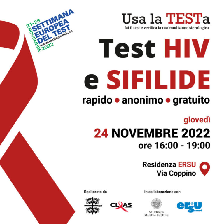 Prevenzione: giovedì 24 all’ERSU test gratuiti HIV e Sifilide