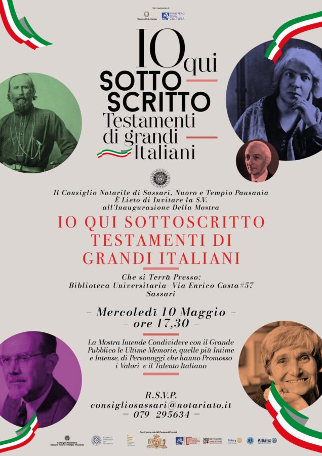 Dal 10 maggio a Sassari la mostra “Io qui sottoscritto. Testamenti di grandi italiani” a cura del Notariato 